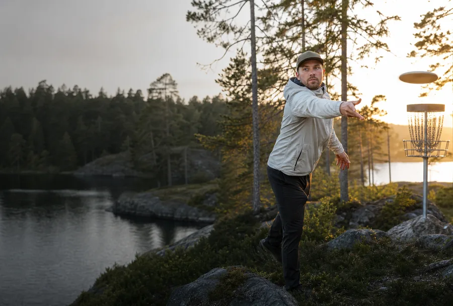 Diskgolfspiller på norsk skogsbane ved solnedgang